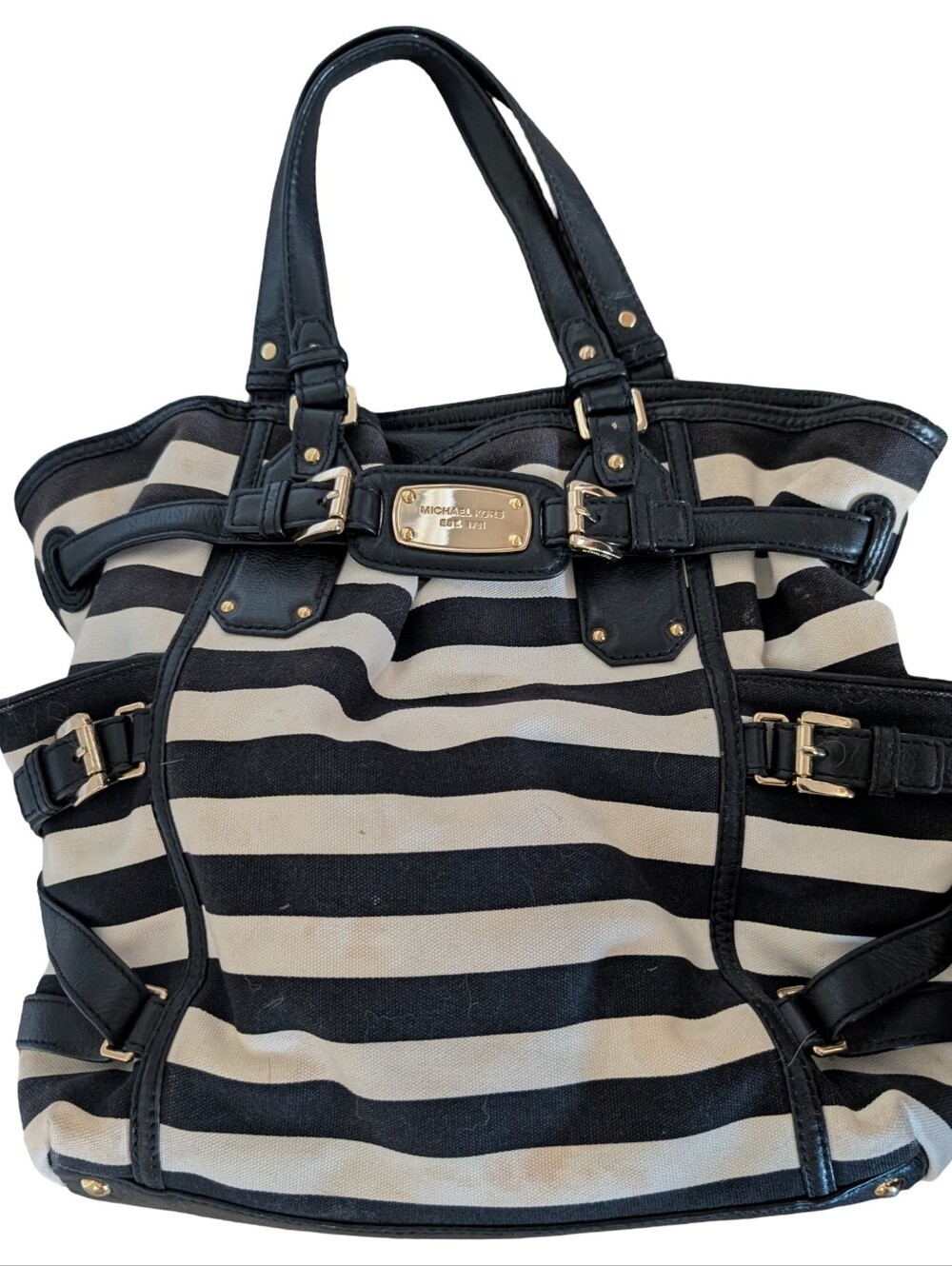Michael Kors Gansevoort large belted tote in black and white stripe canvas