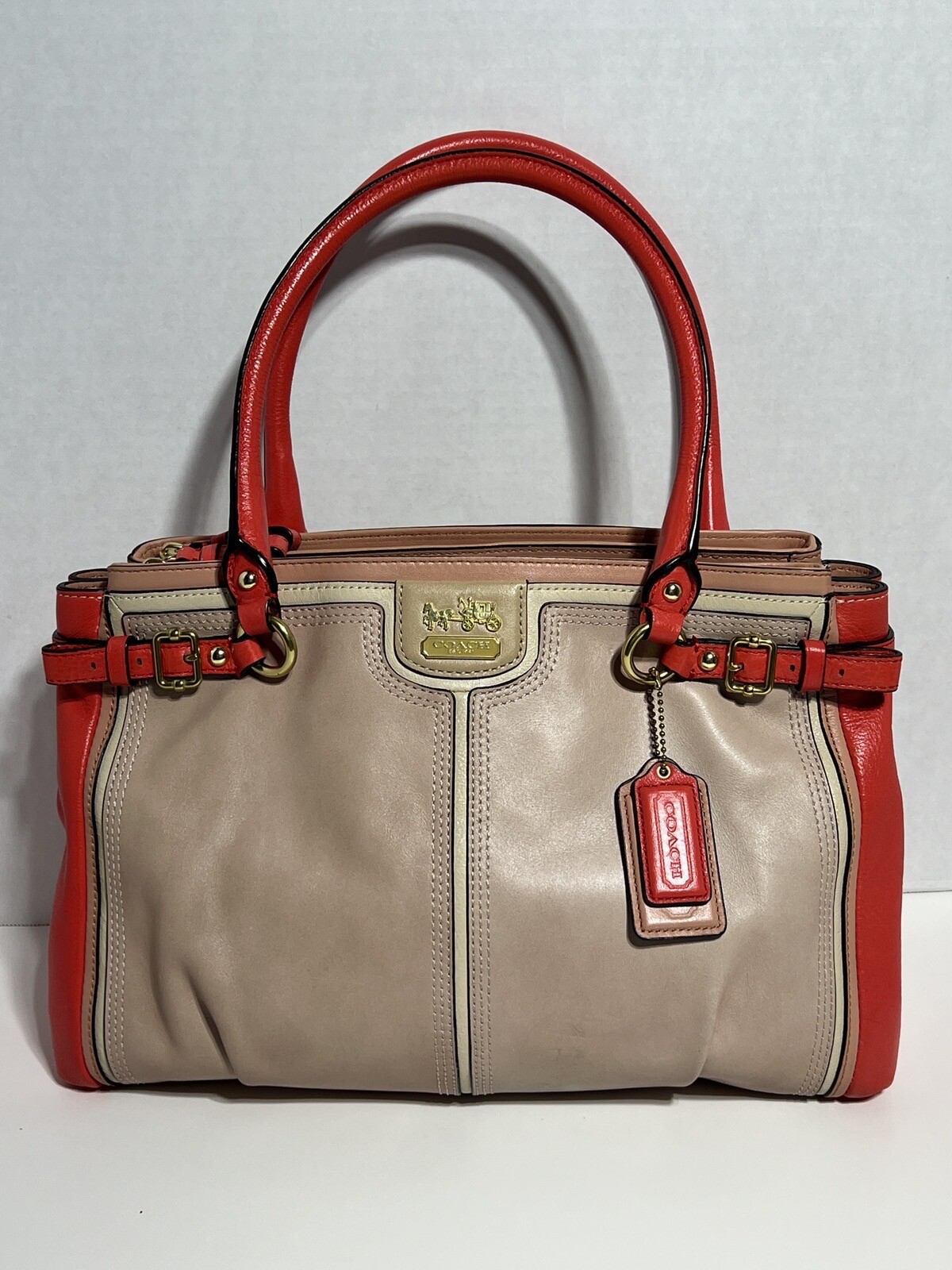 🔥 Coach Madison Colorblock Leather Coral Kiwi Kara Carryall Tote Hand Bag Purse