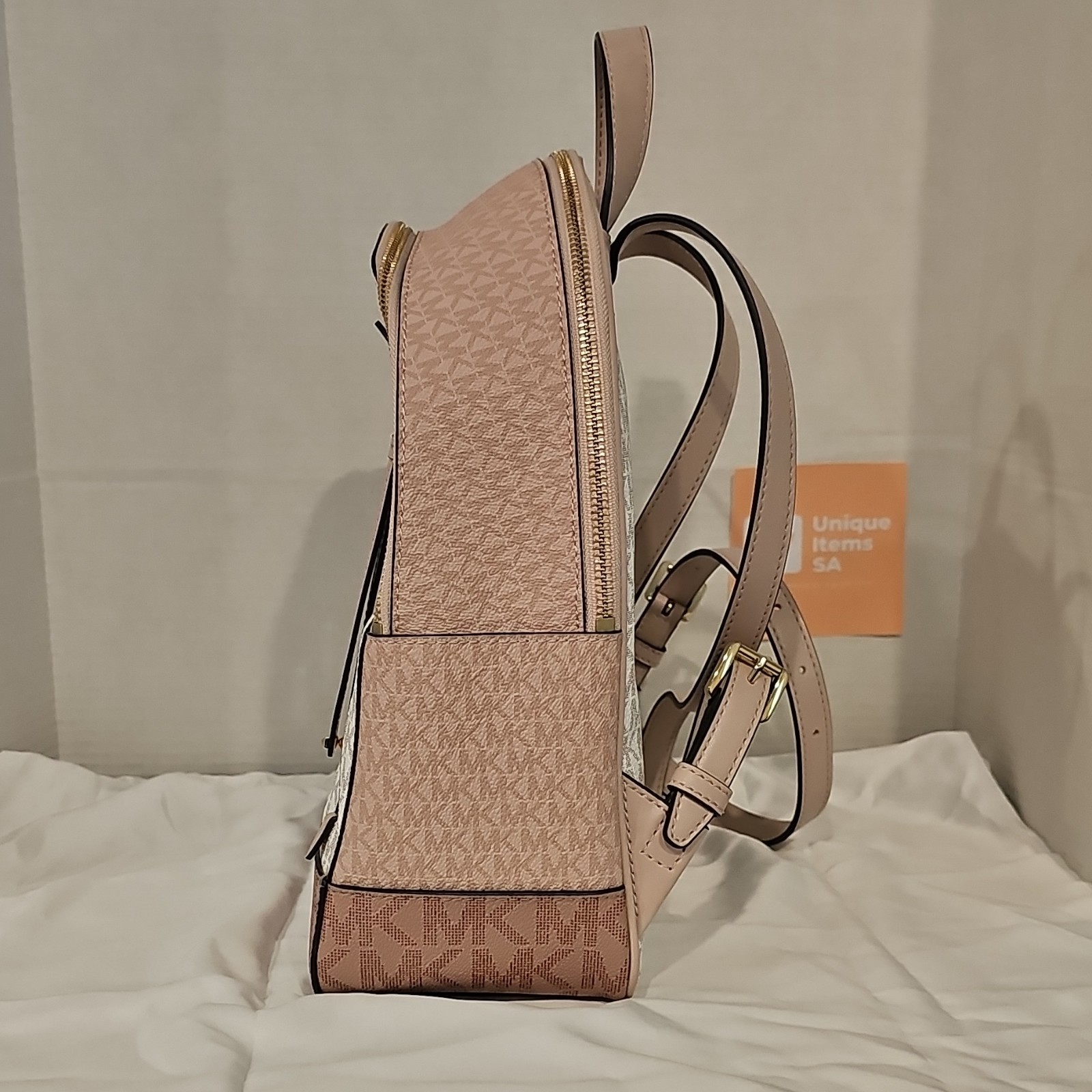 Michael Kors Beige Pink Logo Backpack Zip Gold Hardware Detach Strap Pockets