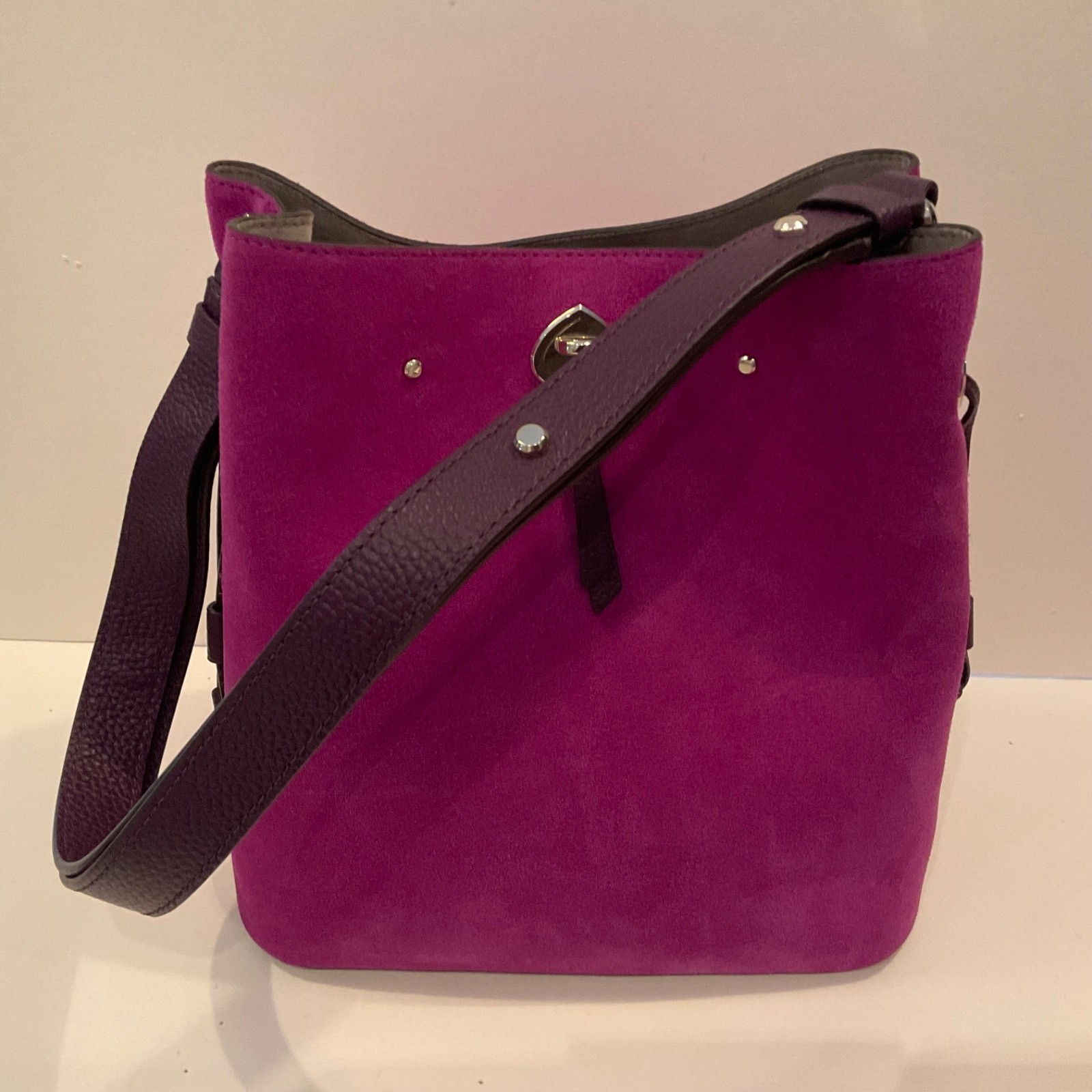 Kate Spade Marti Shoulder Bucket Drawstring Handbag in Magenta Suede