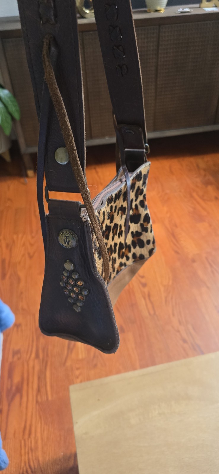Two Bar West Leopard Hair on Hide Leather Shoulder Bag Studded Rhinestone…