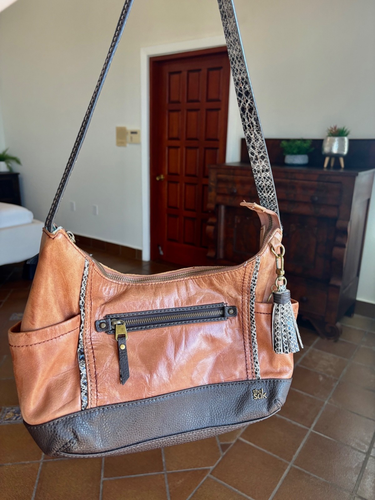The Sak Kendra Shoulder Bag Tan and Black with Snake Trim