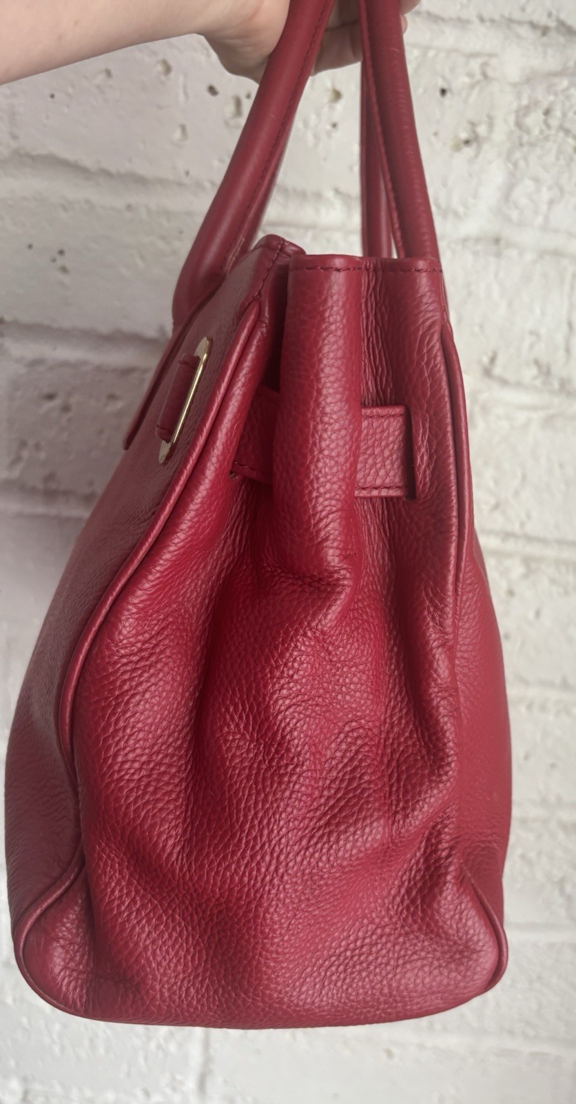 ONNA EHRLICH Women’s Red Genuine Pebble Leather Gold Buckle Maya Tote Bag $550