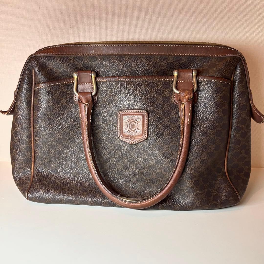 CELINE Triomphe Macadam Boston Hand Bag Brown PVC Leather Women Auth