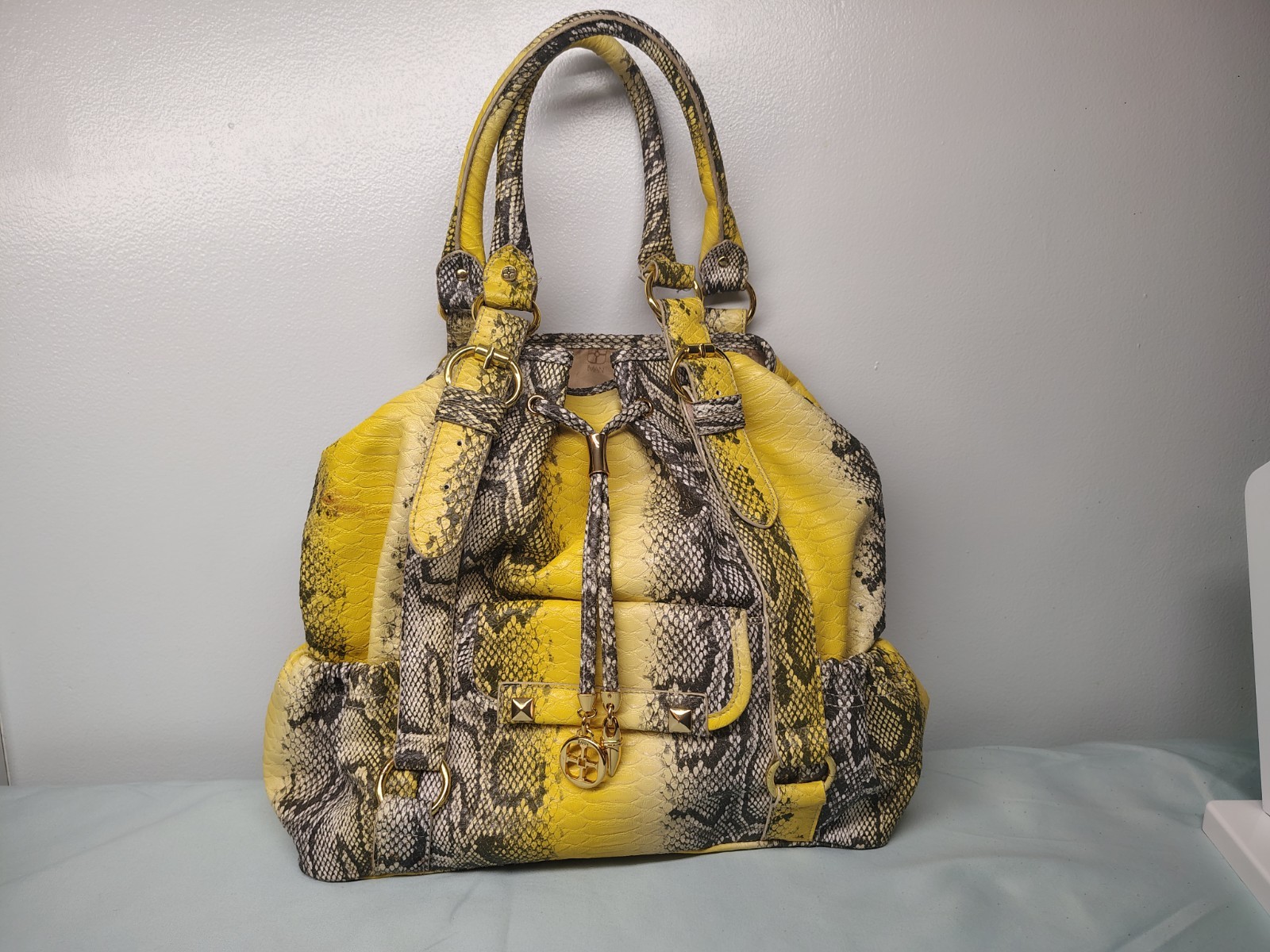 Iman Yellow and Gray Snakeskin Print Tote Bag with Gold Accents