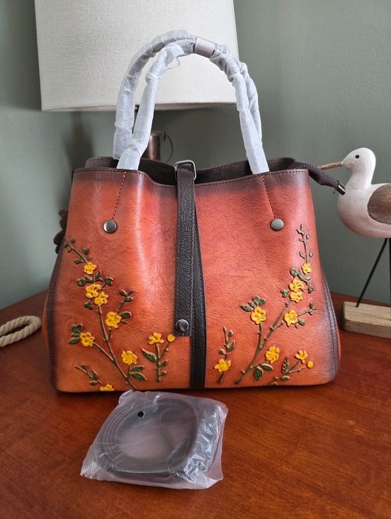 Embossed Floral Leather Satchel Tan Brown Crossbody Bag NWOT