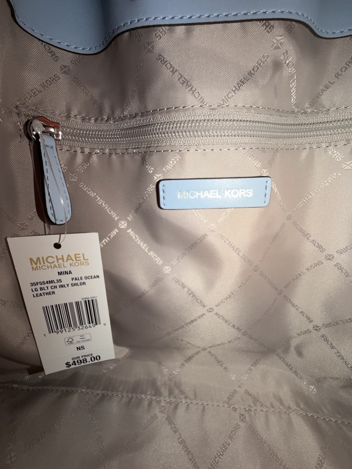 Michael Kors Mina Large Belted MK Chain Shoulder Bag Pale Ocean