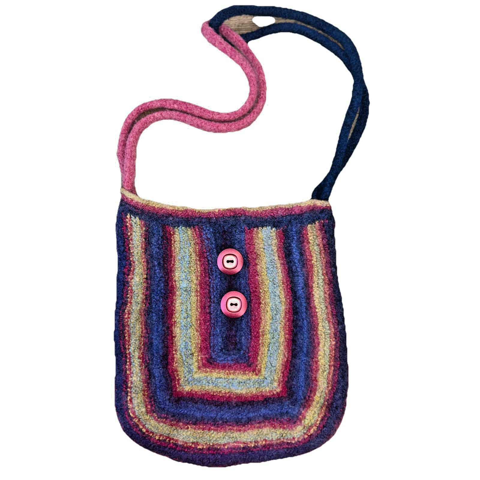 Felt Purse Shoulder Bag Purple Colorful Magnetic Button Retro Boho Hippie 70s