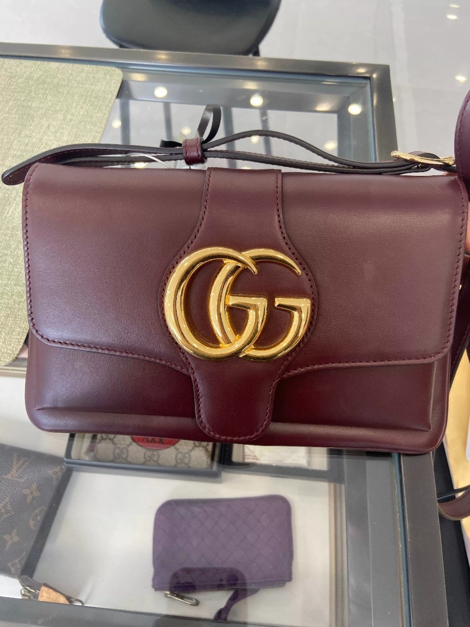 Gucci Arli Small Crossbody Bag Burgundy Leather Gold Double G Hardware