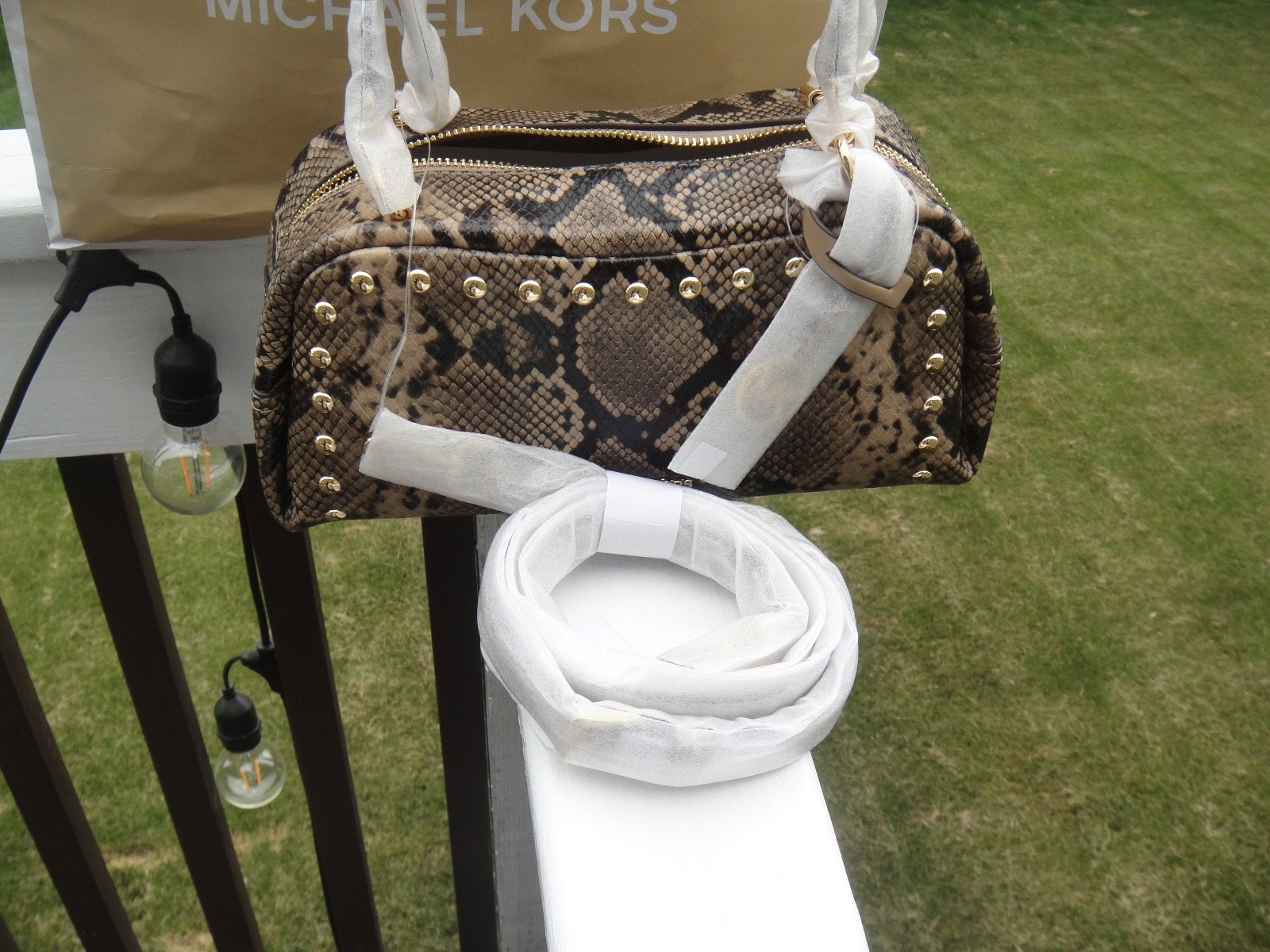 Michael Kors Lady Cecily Small Studded Snake Embossed Shoulder Bag Light Cream