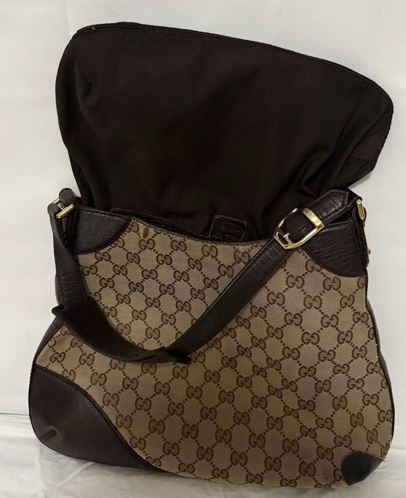 GUCCI HORSEBIT CANVAS W/ DARK BROWN LEATHER HOBO BAG WITH GREEN AND RED WEB