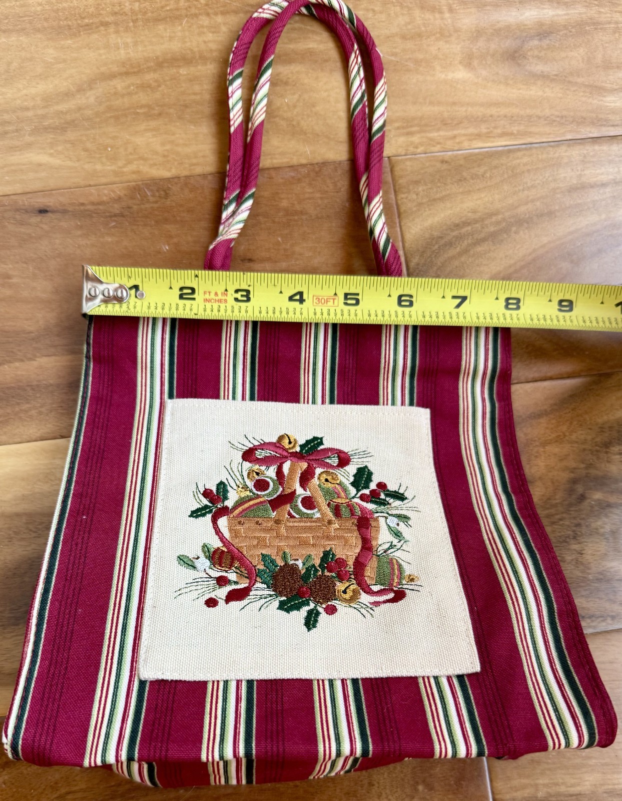 Longaberger 2005 Holiday Tote Bag Striped Embroidered Front Pocket