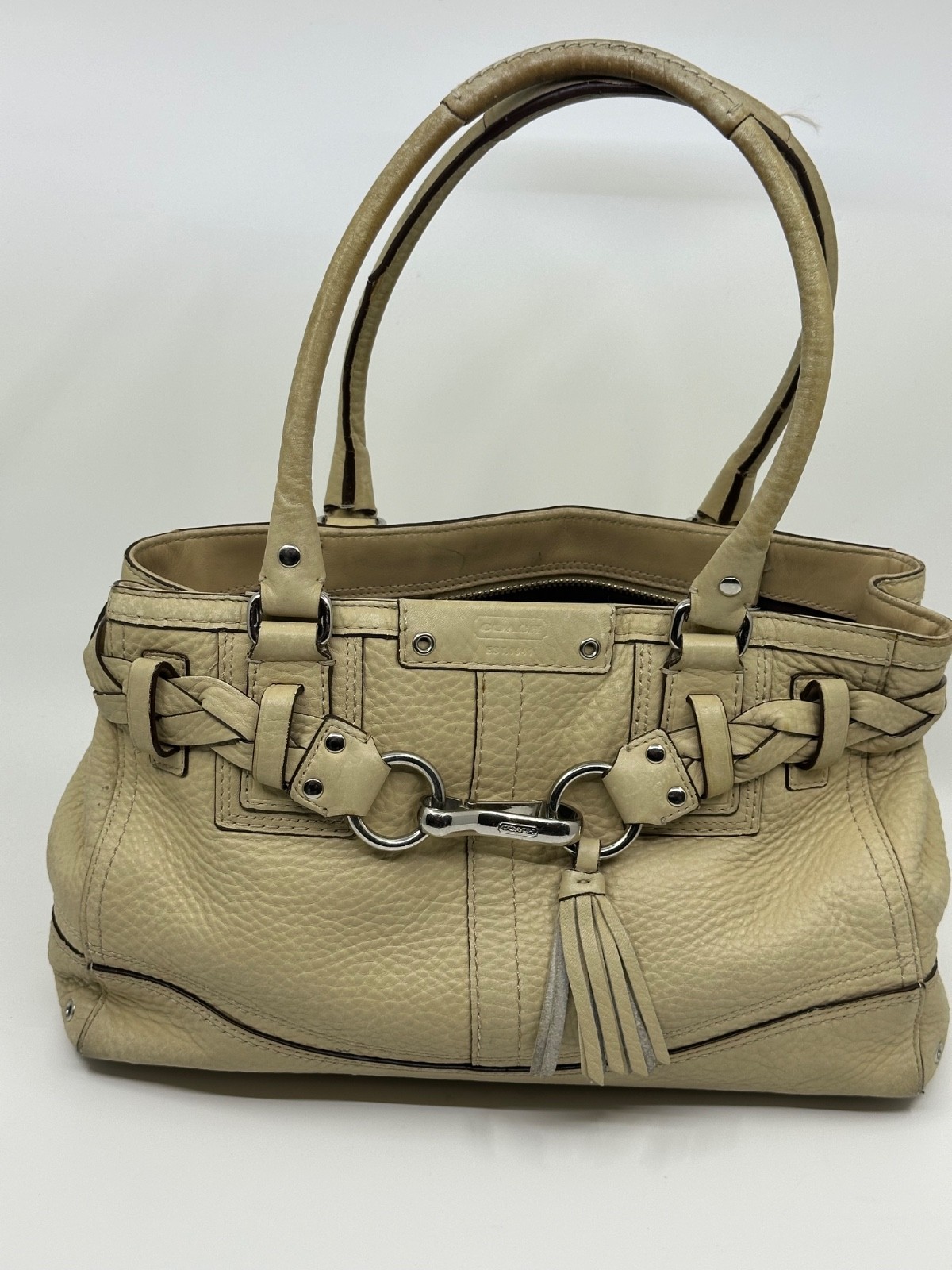 Coach Hampton F13084 Cream Pebbled Leather Braided Carryall Satchel Bag