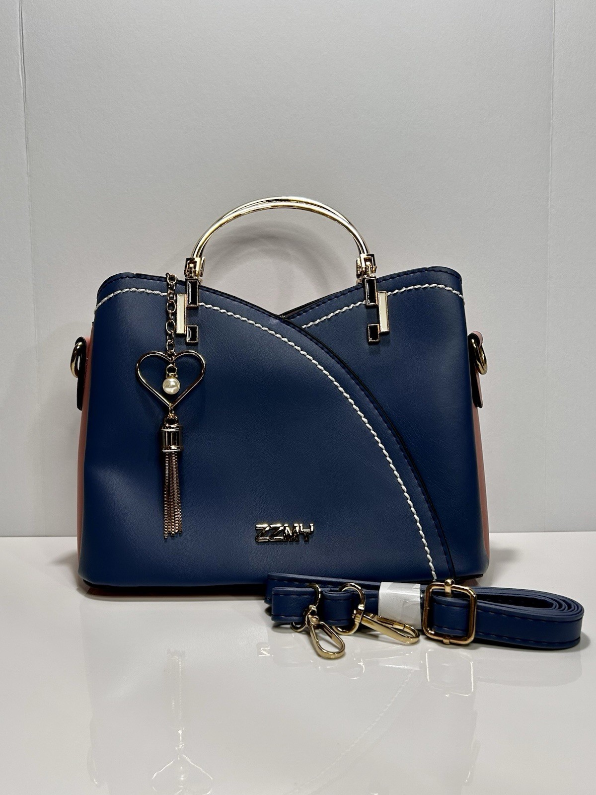 ZZMY Navy Blue & Pink Color Block Satchel Handbag-Gold Hardware Heart Charm-NEW
