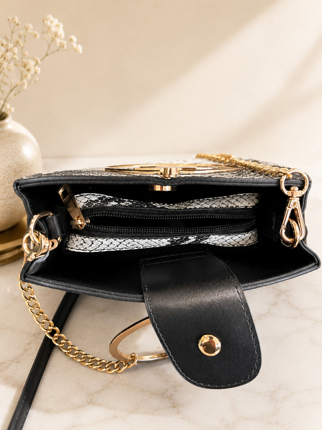 Snakeskin Pattern Crossbody Purse Black White Gold Hardware Removable Strap