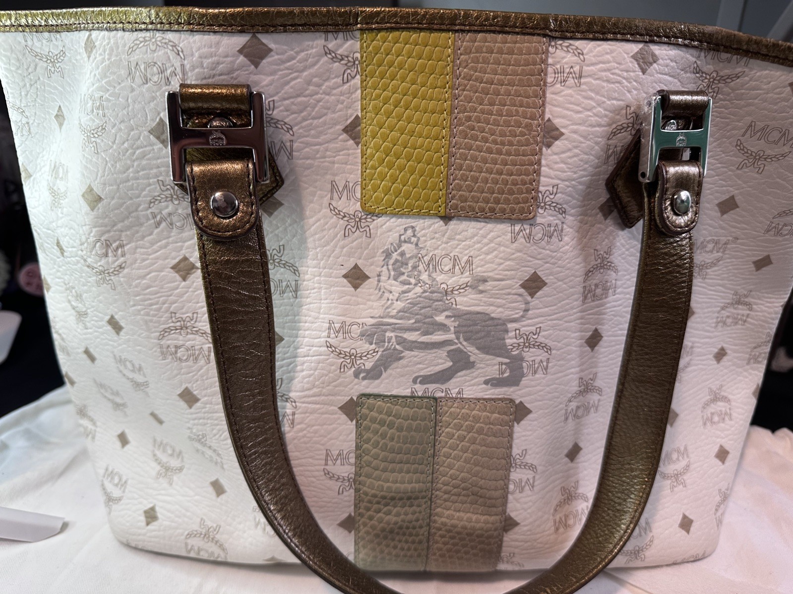 MCM Princess Lion Medium White Visetos Coated Canvas Shopper Tote