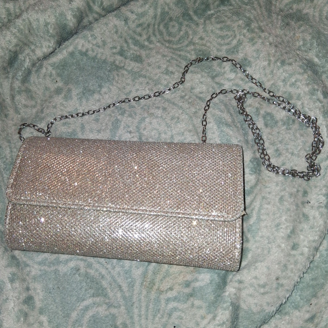 Gold Glitter Clutch Magnetic Closure Silver Chain Shoulder Strap Lined Small
