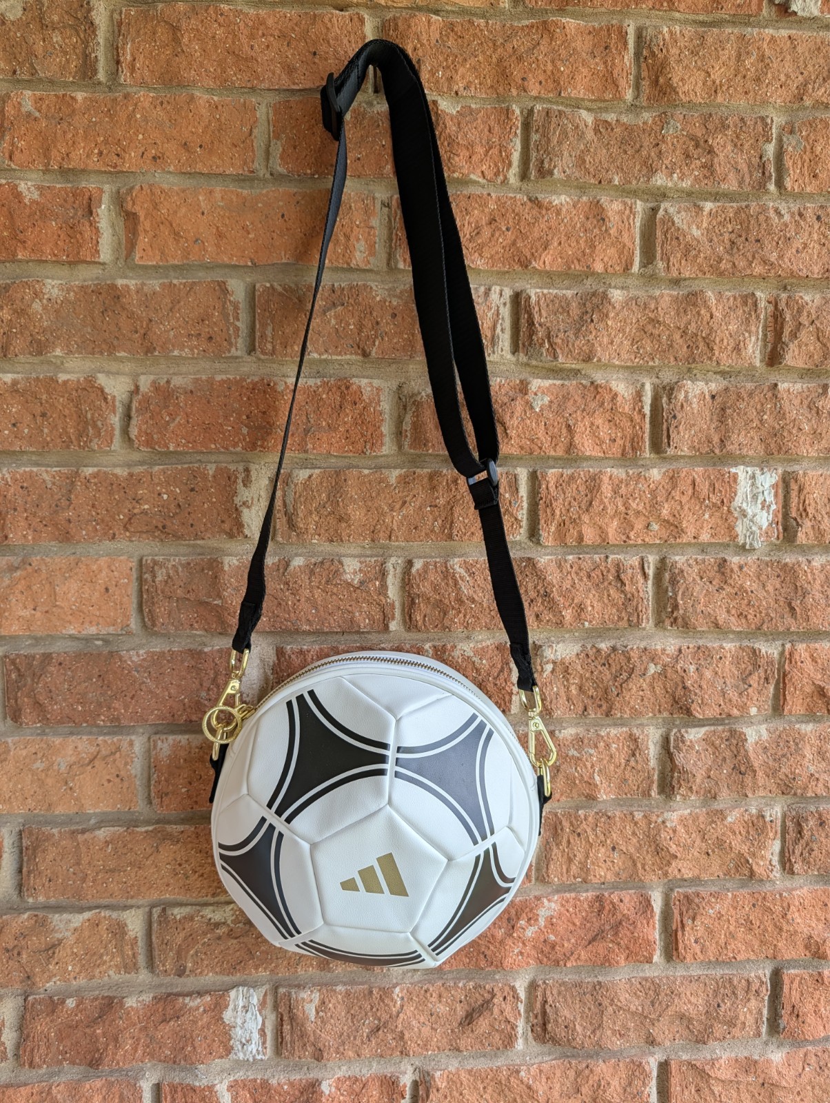 adidas Soccer Ball Round Crossbody Bag Zip Metallic White Black Gold