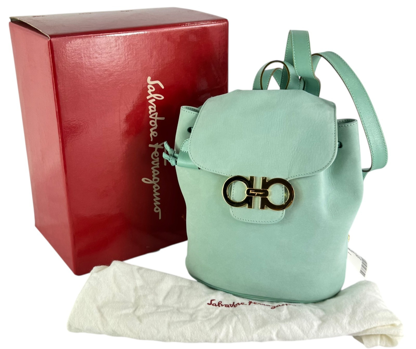 SALVATORE FERRAGAMO Gancini Light Turquois Nubuck Leather Backpack Made in Italy