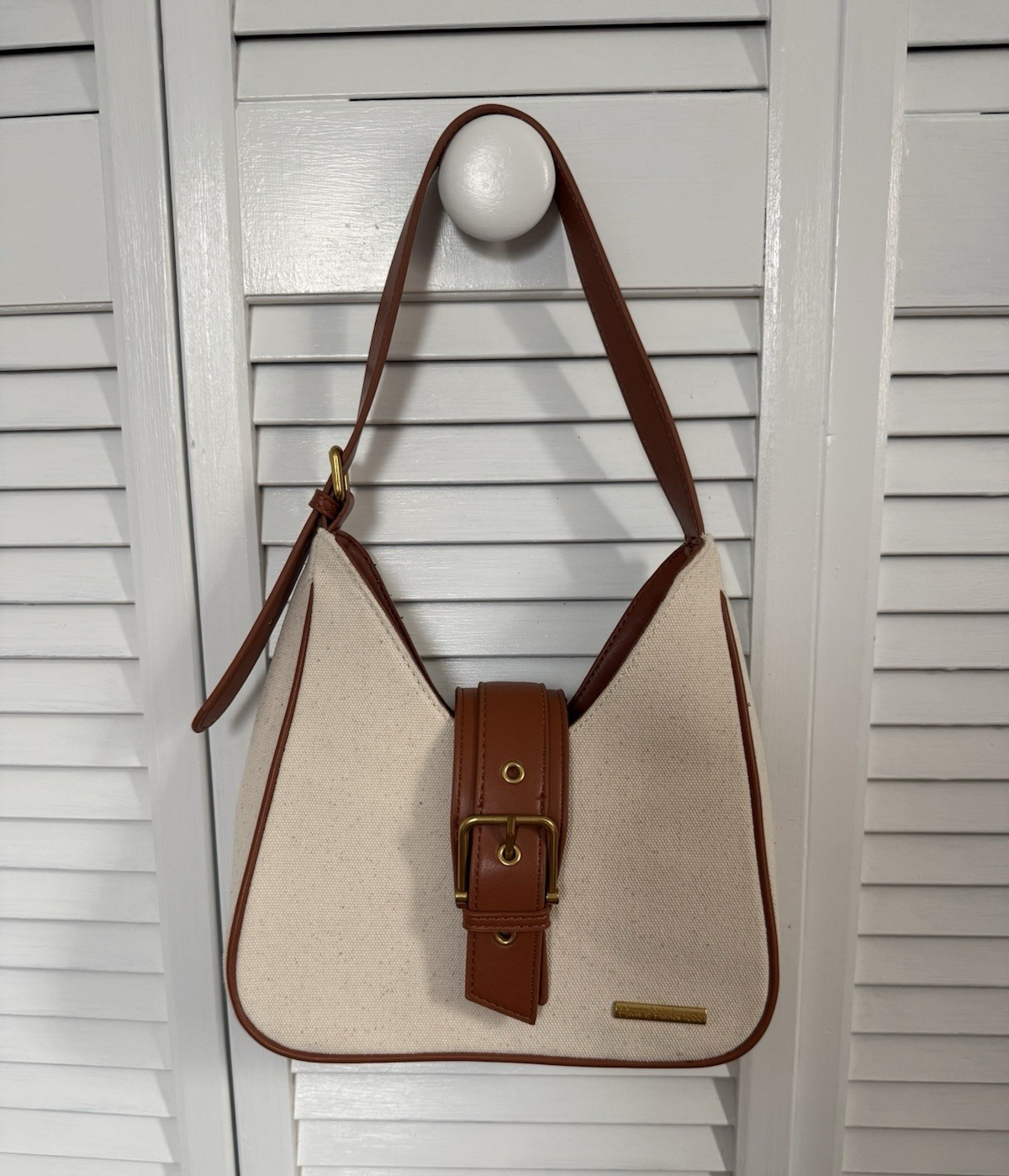 Beige & Brown Solid Shoulder Bag Purse, Buckle Closure, Gold Hardware