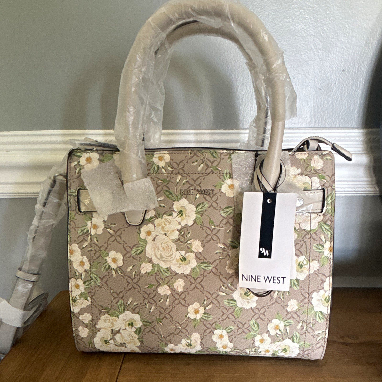 Nine West Floral Beige/White/Green Satchel Top Handle Zip Crossbody Strap