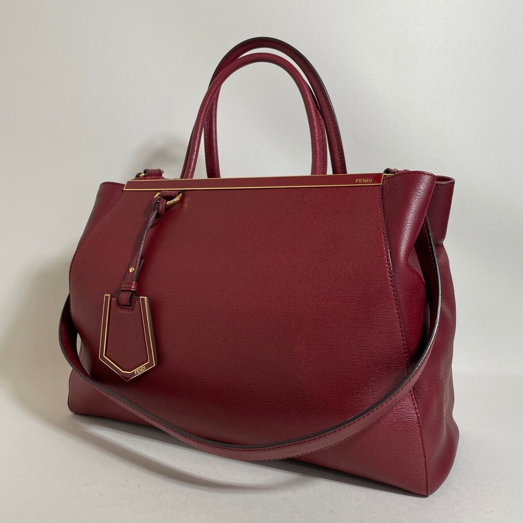 Fendi 2Jours Red Leather Tote Bag 2 Way Shoulder Strap Gold Auth