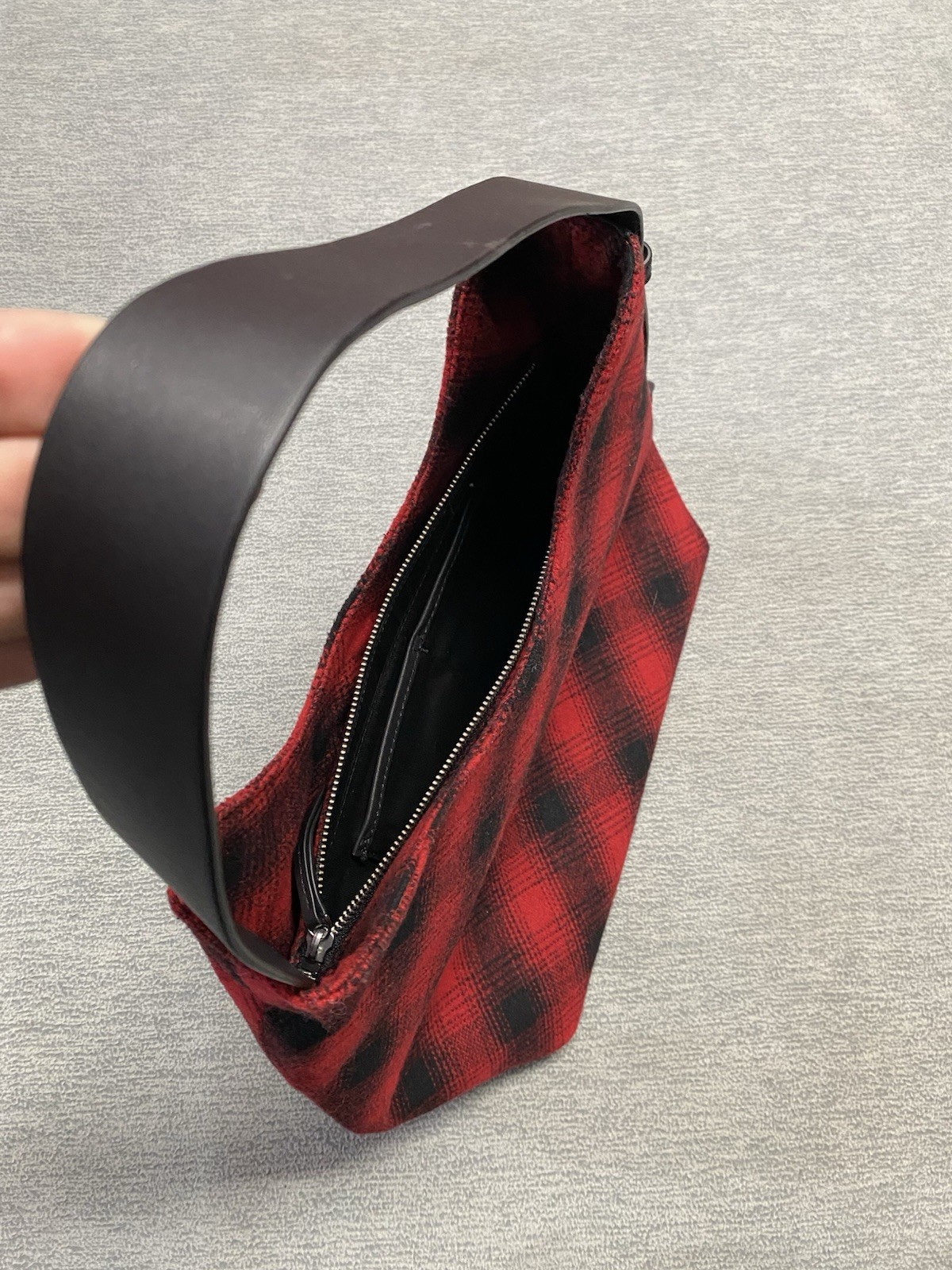 J Jill Shoulder Bag Black Red Buffalo Plaid WOOL Blend Hobo Leather Strap Purse