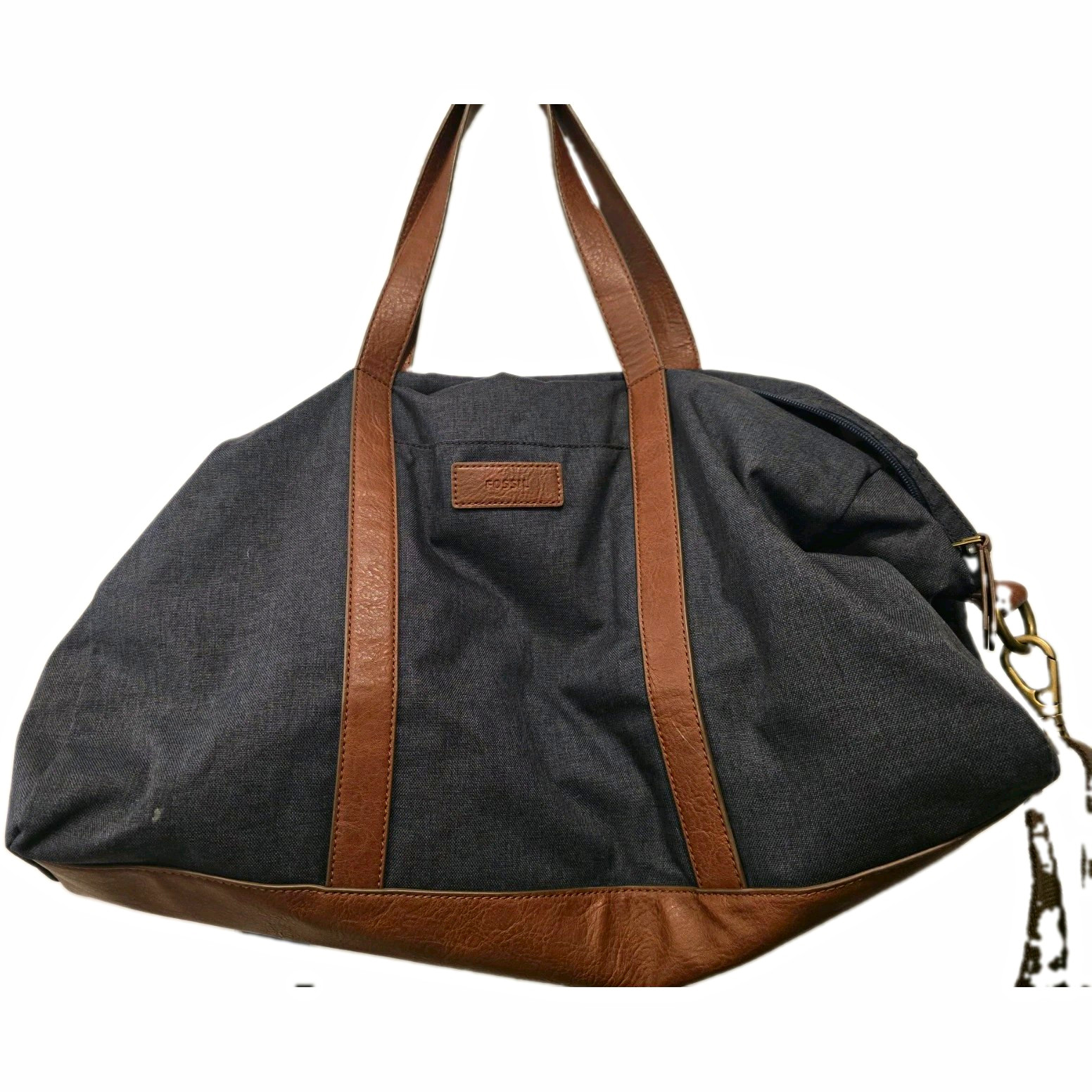 Fossil Men’s Denim & Brown Duffle Weekender Zip Detachable Strap Gold Hardware