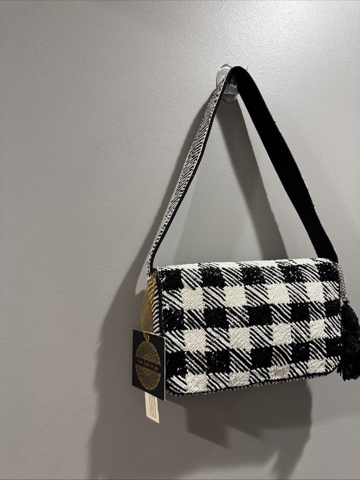 Viral From India Houndstooth Checked Black White Beaded Purse Swan Bag Charm NWT