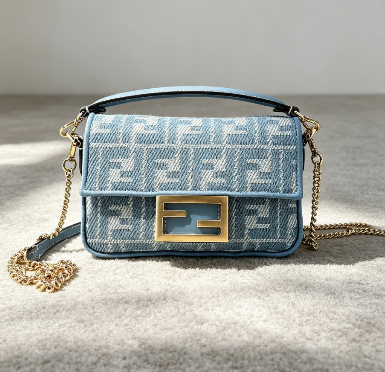 Fendi Baguette Mini Limited Edition Blue Chenille GHW Chain Shoulder Bag Rare