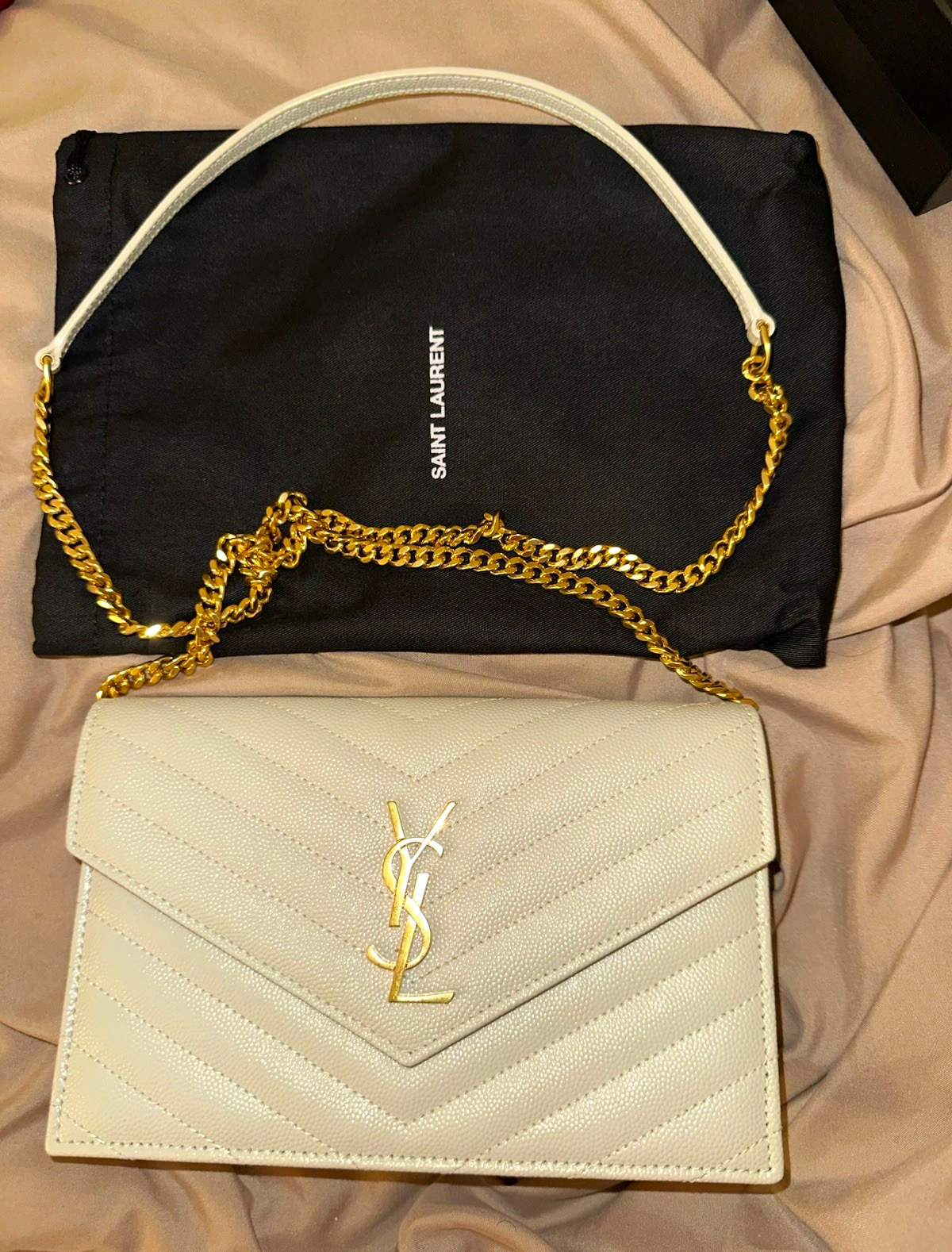 Saint Laurent White Cassandre YSL Logo Small Chain Shoulder Bag Dust Bag Box