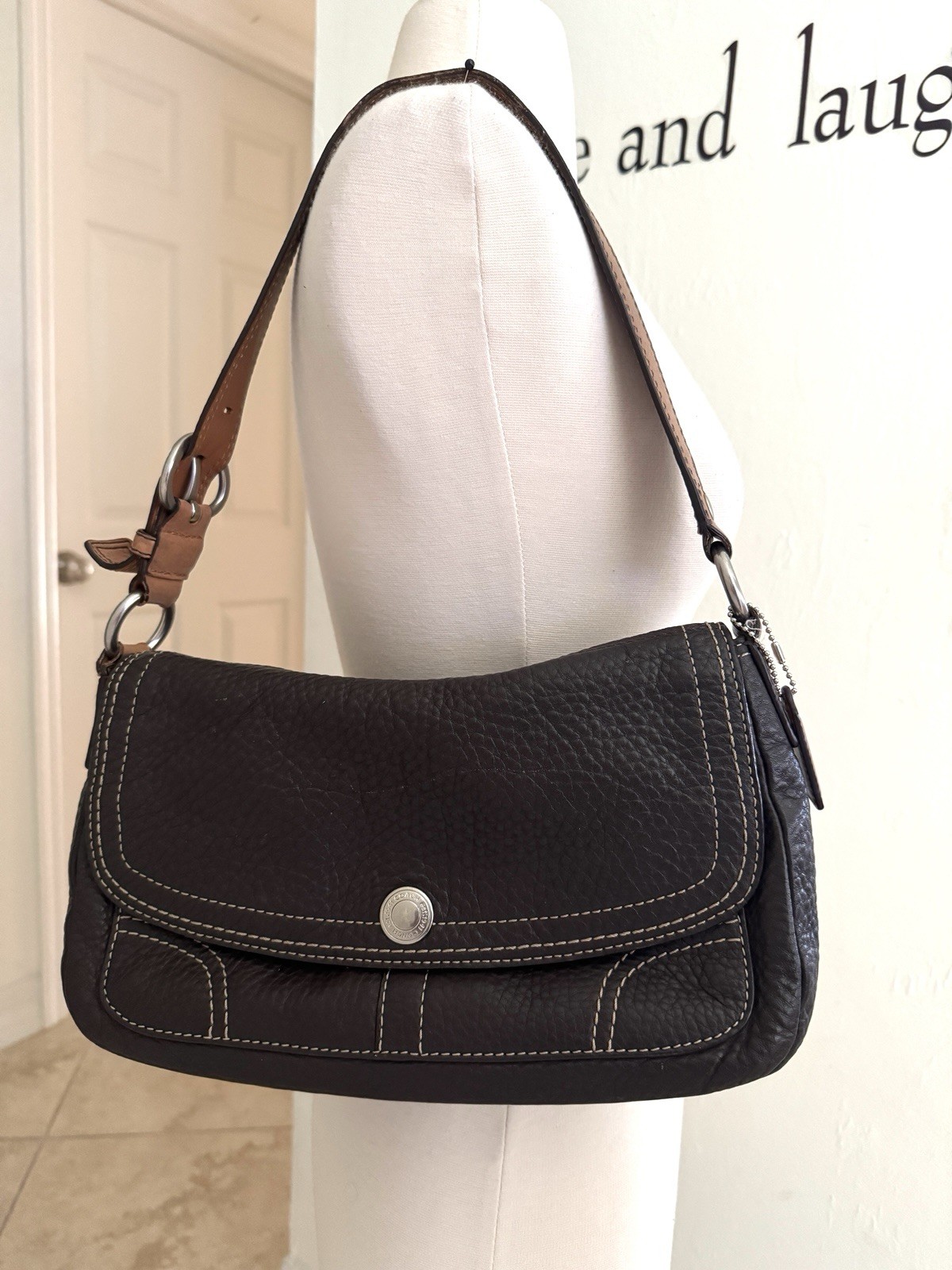 COACH Chelsea Flap Bag Dark Brown Pebble Genuine Leather Silver Hardware F12336