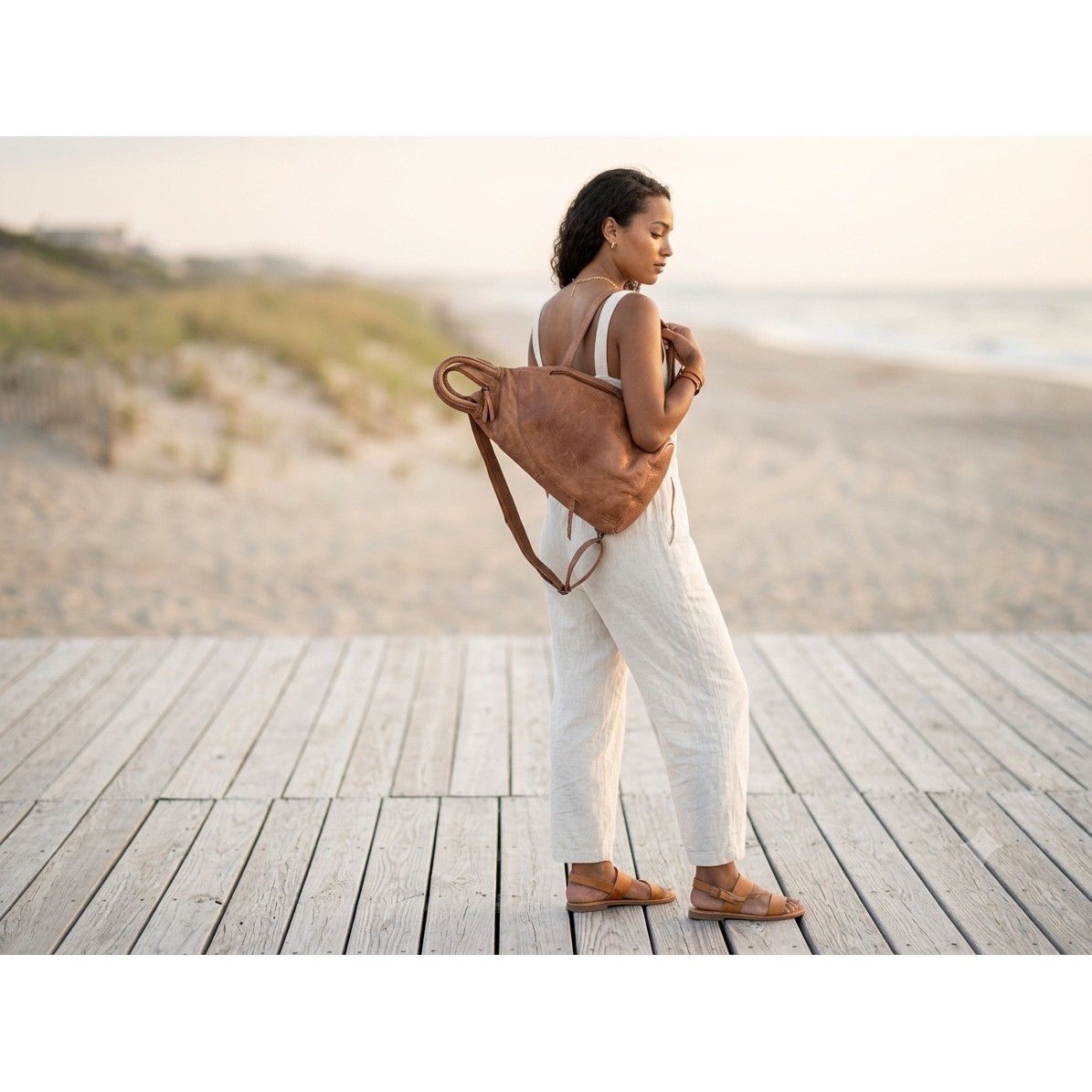 Free People We The Free Tan Leather Teardrop Sling Backpack Bag Boho