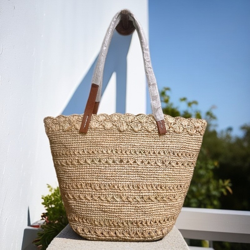 Handmade Raffia Straw Tote Bag Leather Strap Large Woven Summer Beach Shoulder
