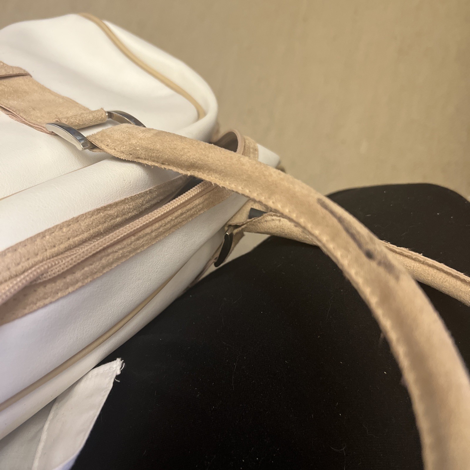 Estee Lauder Tote Bag Purse PVC Vinyl Cream Brown Suede Handles Vegan Leather