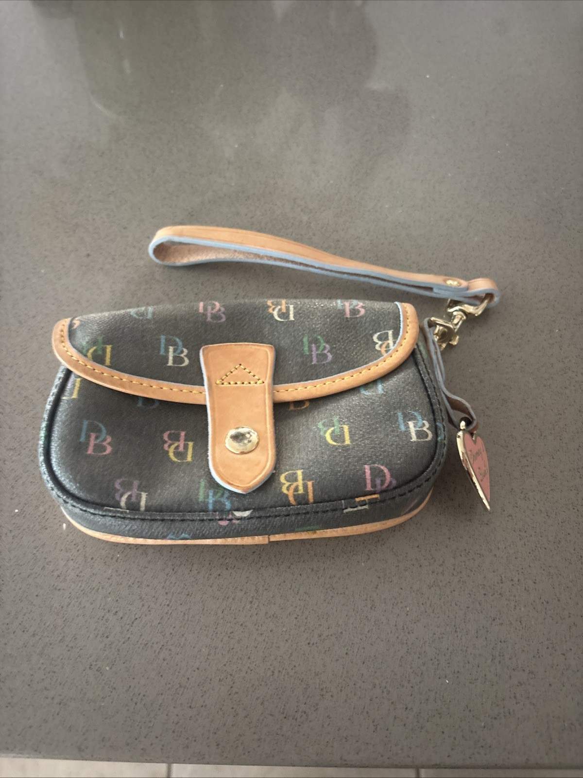 Dooney & Bourke Gray/Brown Wristlet Multi-colored DB Logo button flap – New