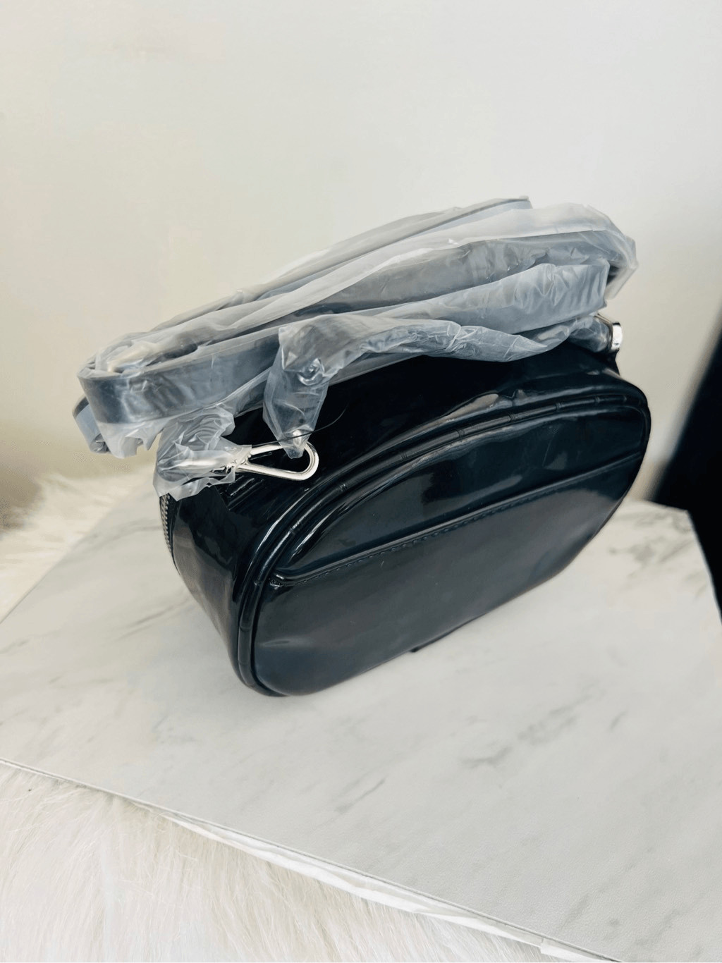TAHARI Laguna Crossbody Bag, Vegan Patent Leather, Black, Adjustable Strap, NWT