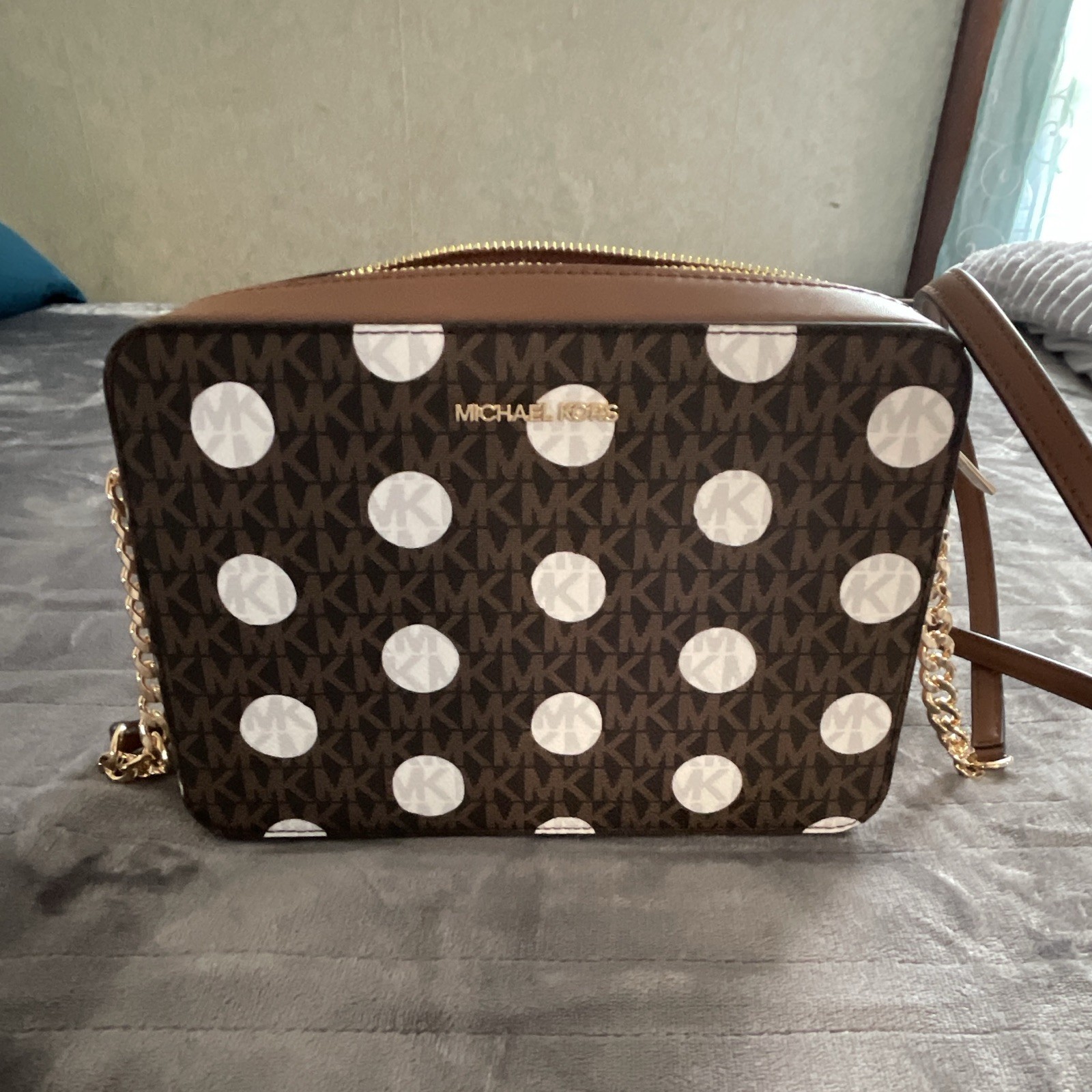 Michael Kors Small Brown Logo Polka Dot Zip Crossbody Detachable Strap