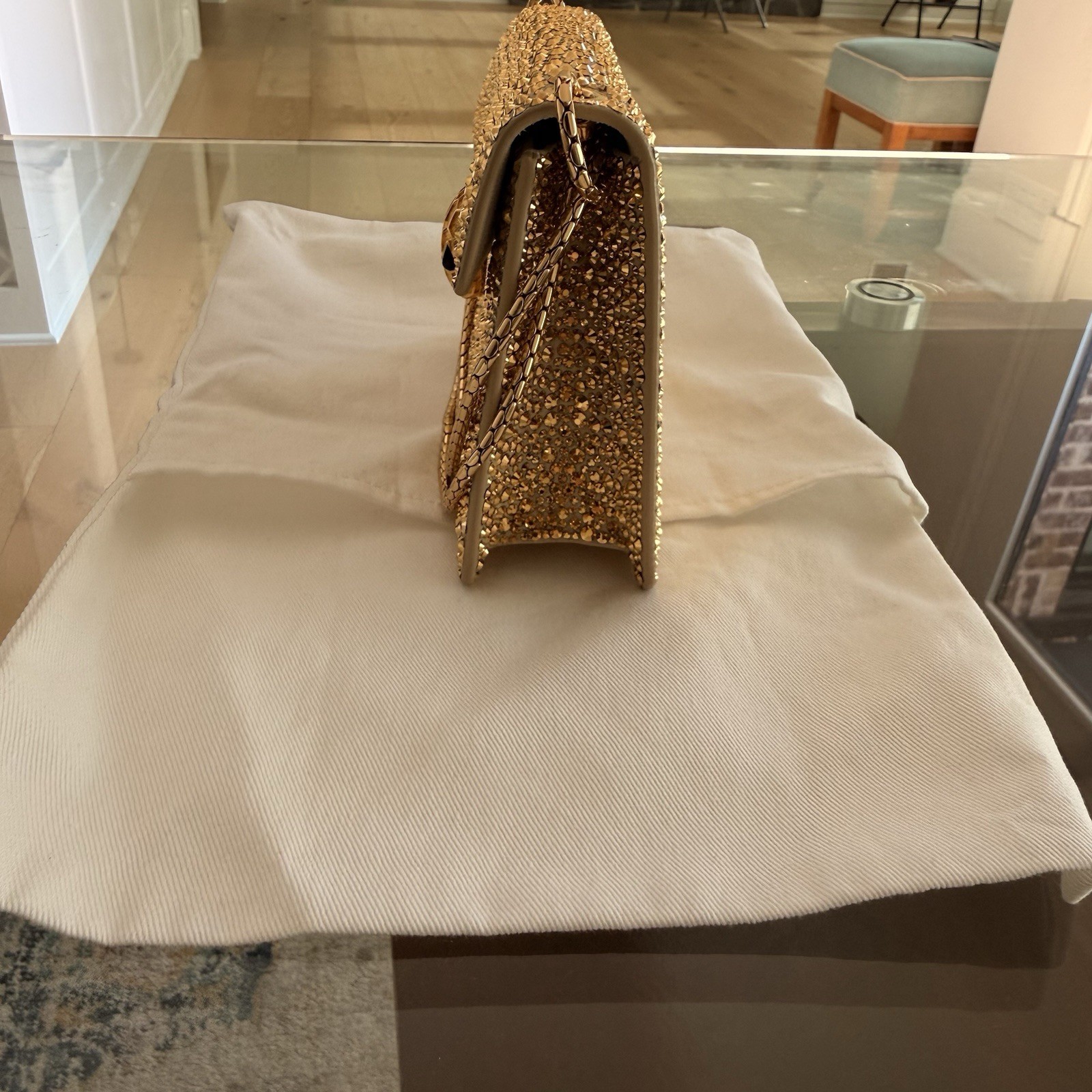 Bvlgari Serpenti Gold Metallic Crystal Snake Small Crossbody Bag Chain Strap
