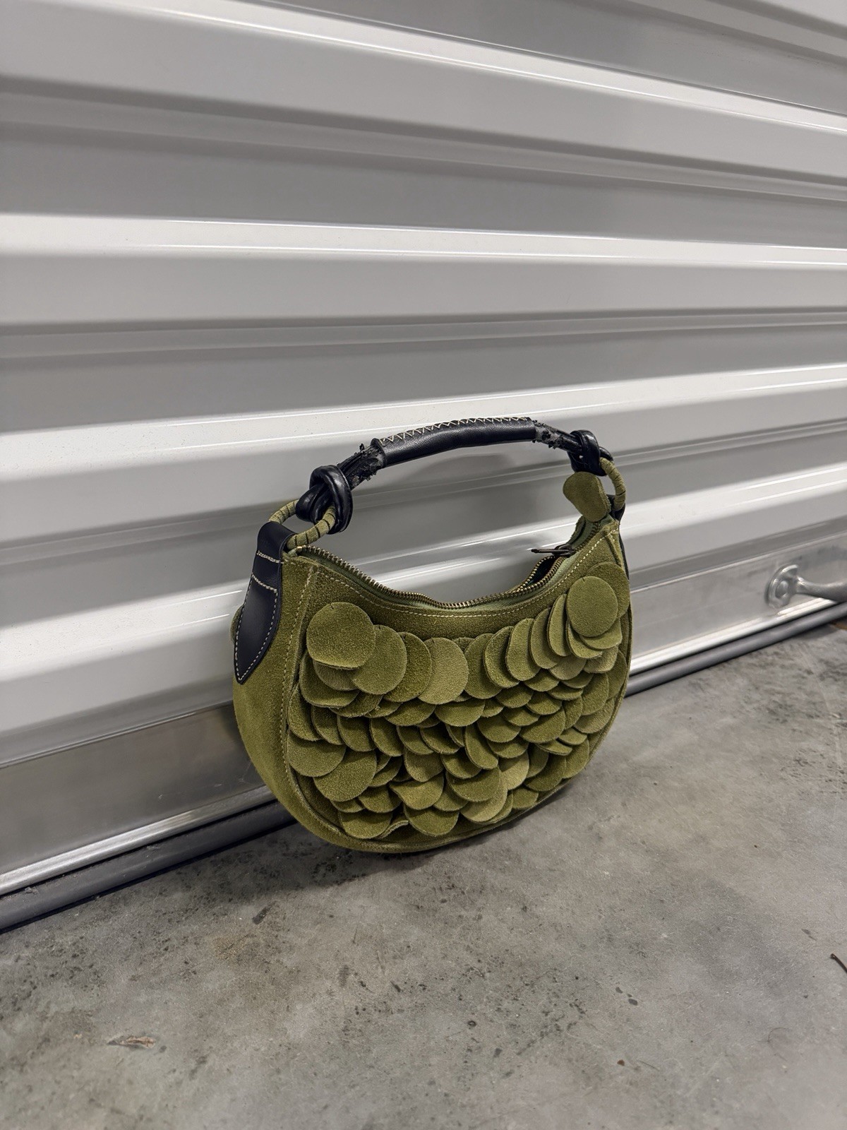 Vintage Y2K Olive Green Suede Petal Disc Crescent Hobo Shoulder Bag Boho Purse