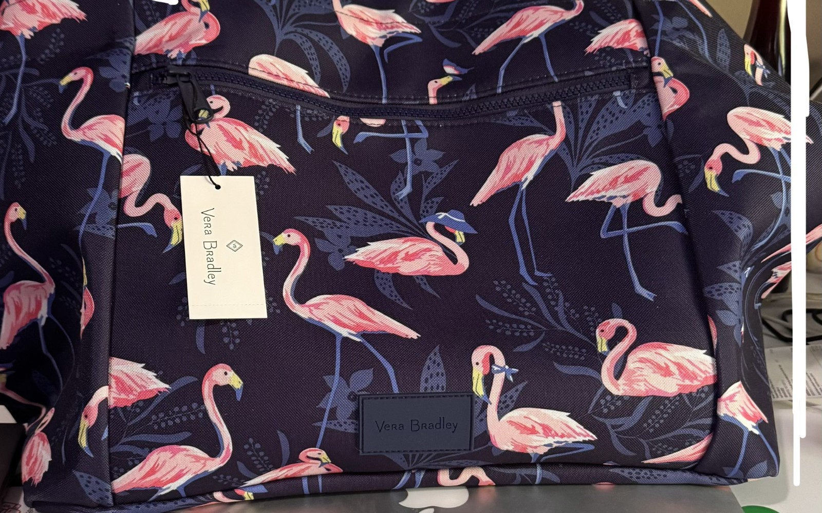 Vera Bradley Beach Tote Navy With Flamingos Travel Tag