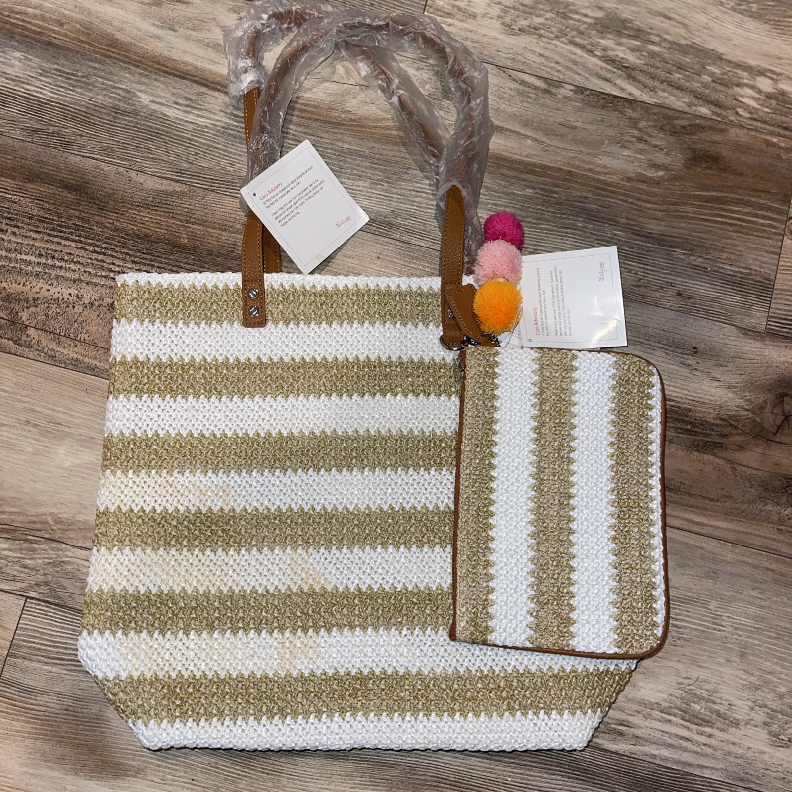 Thirty One 31 Around Town Tote White Tan Striped Straw New Ruby Mini Pouch NWT