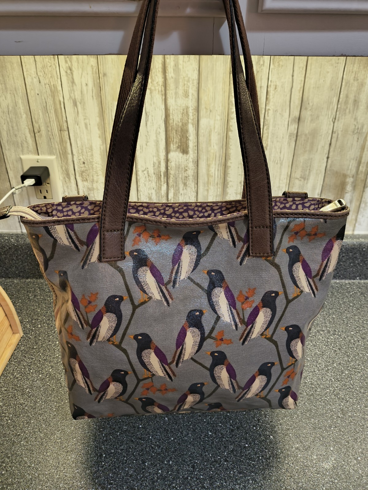 Fossil Bird Print Tote Bag Zip Top, Double Handles, Key, Brown Gray Purple