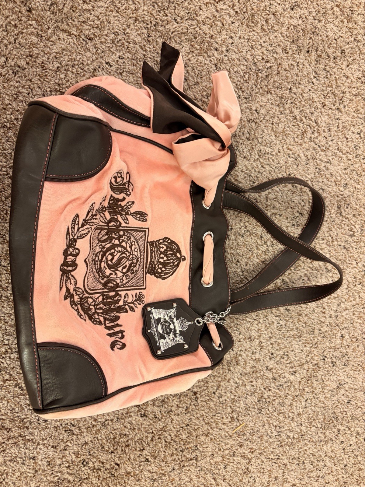 Juicy Couture Pink/Brown Logo Tote Bag Drawstring Bow Charm Double Handles
