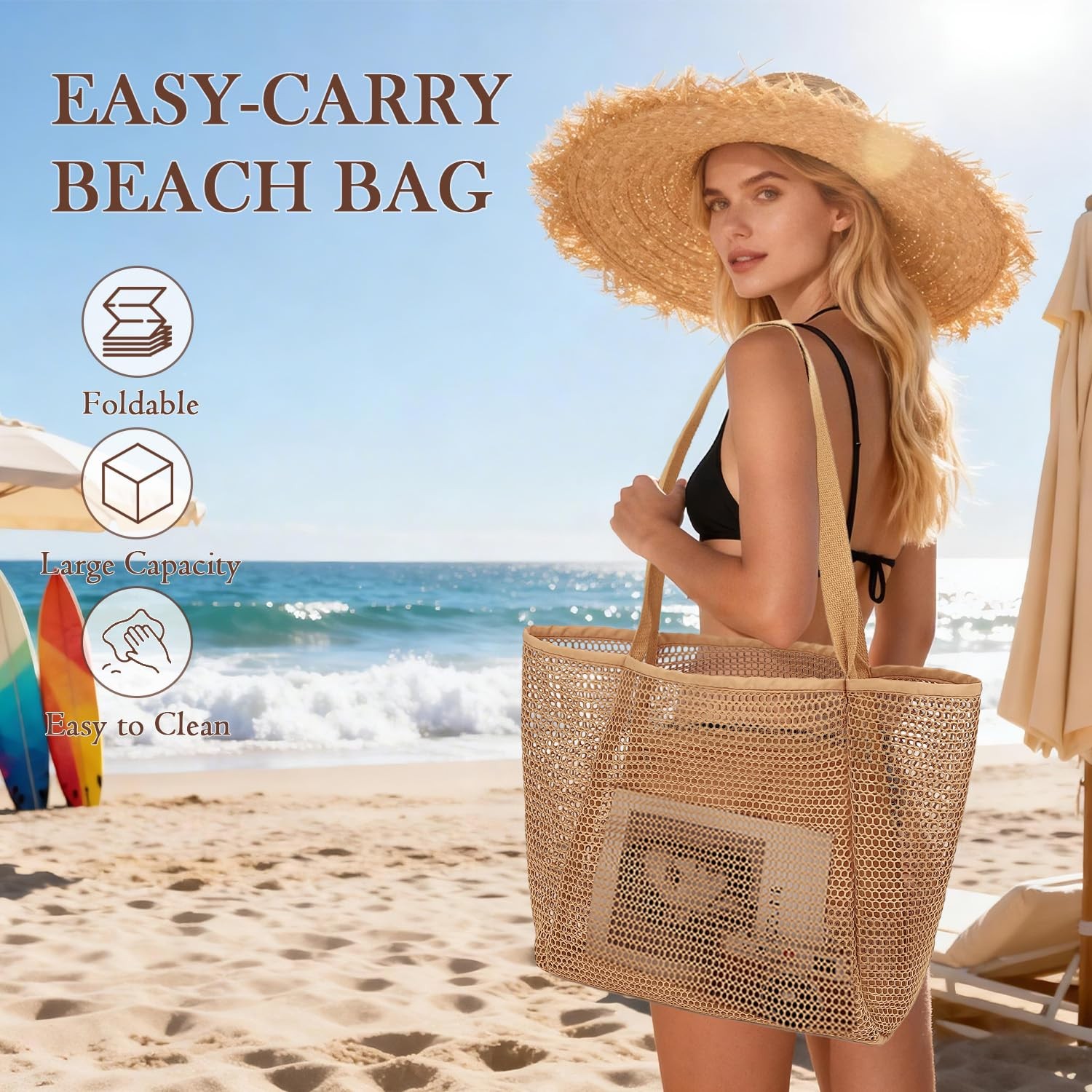 Mesh Beach Bag for Women, Summer Straw Tote Hobo Pool Bags with Zipper Pocket…