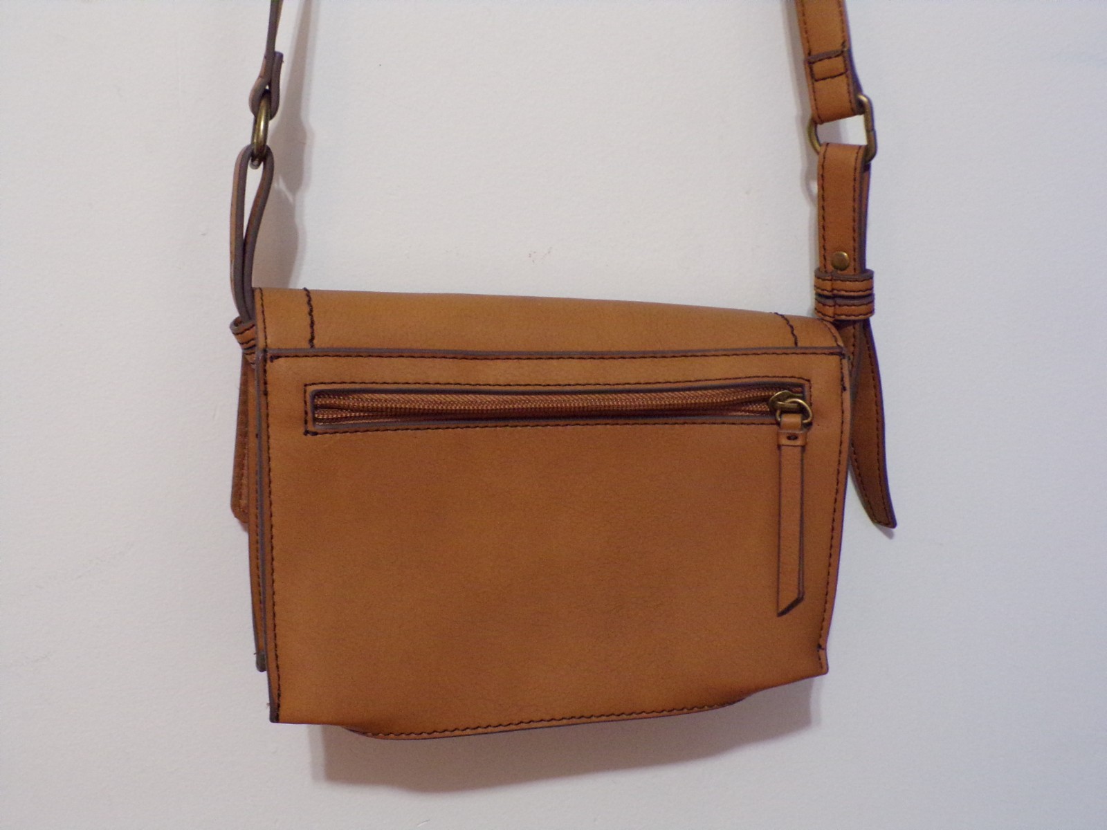 a.n.a. Brown Faux Leather Brass Hardware Adj Strap Snap Flower Crossbody Purse