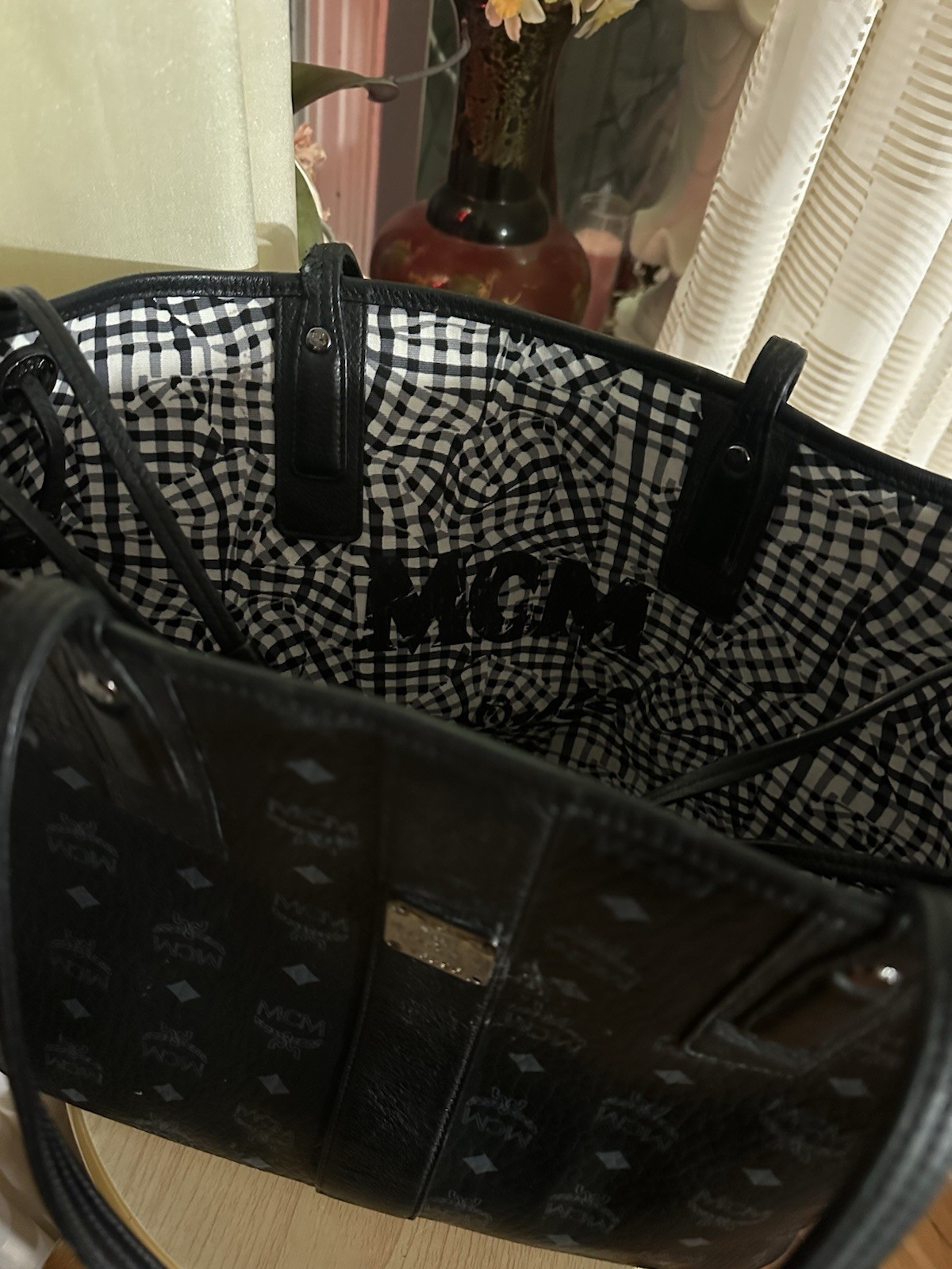 MCM Black Logo Tote Bag Silver Hardware Reversible
