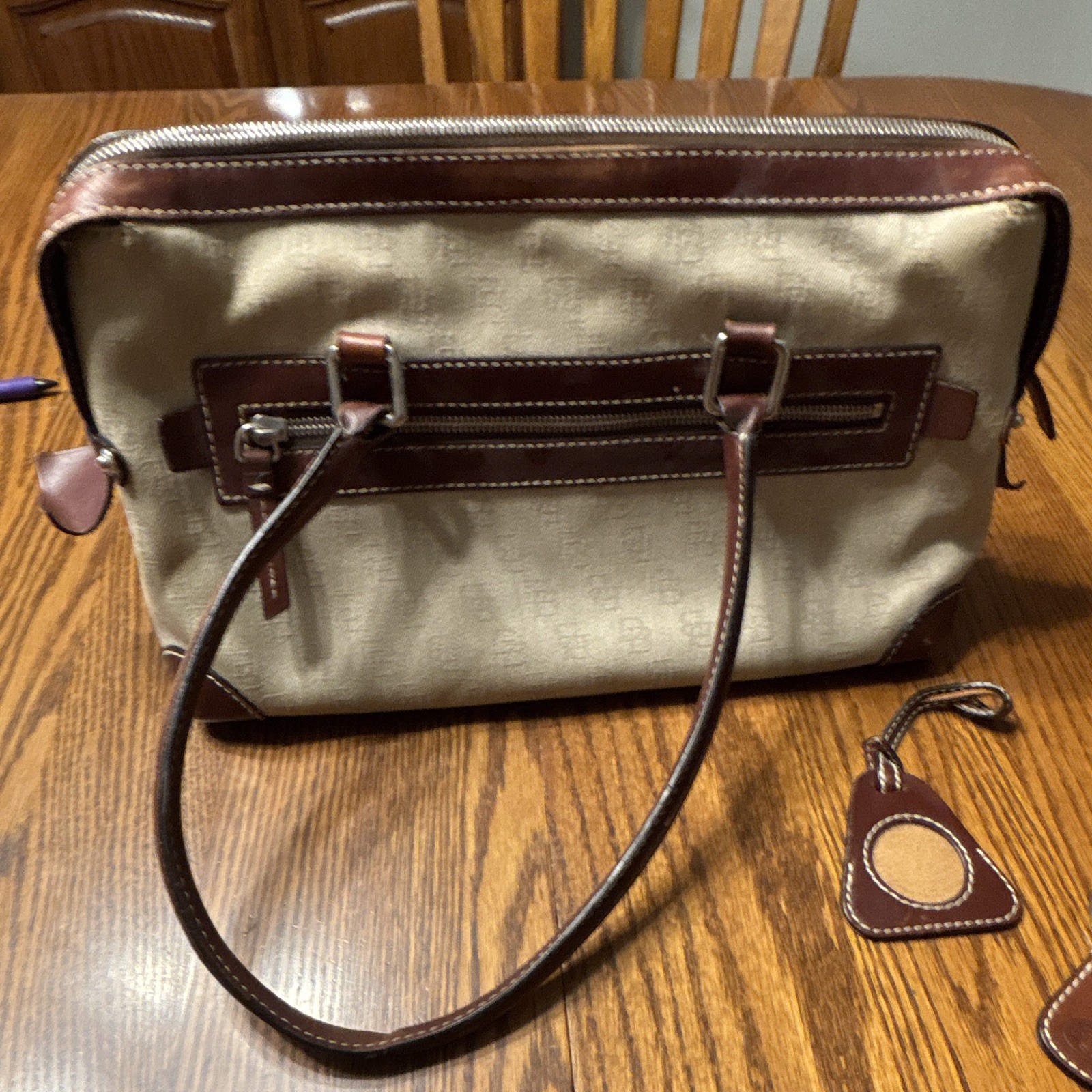 Dooney & Bourke Beige/Brown Logo Satchel Top Handle Zip, Key Chain, Pockets