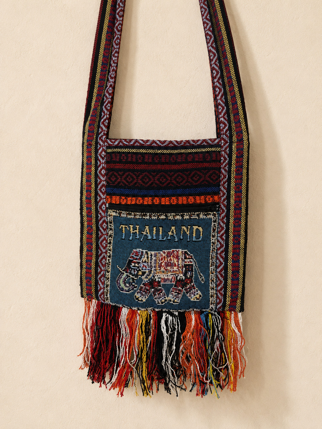 Thai Elephant Woven Tapestry Crossbody Bag, Boho Fringe Shoulder Purse Thailand