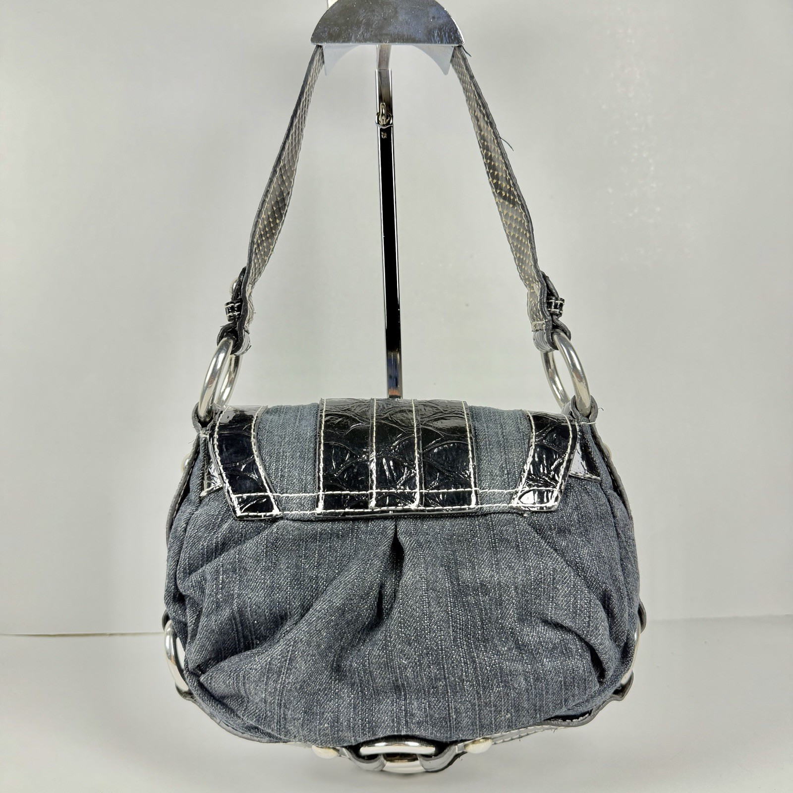 Guess Y2K Denim Mini Shoulder Bag Black Croc Patent Trim Silver G Logo Vintage